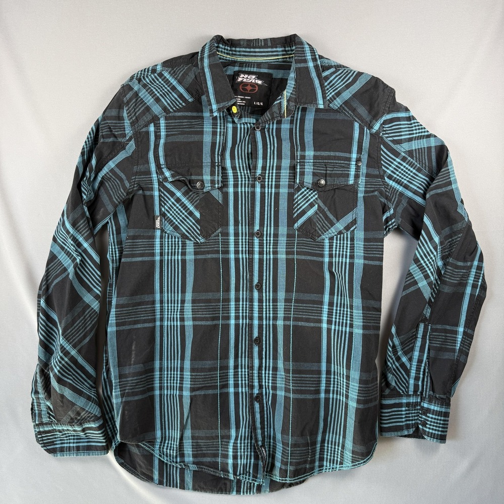 No Fear Shirt Mens Large Black Blue Plaid Button Up Long Sleeve Skate Casual